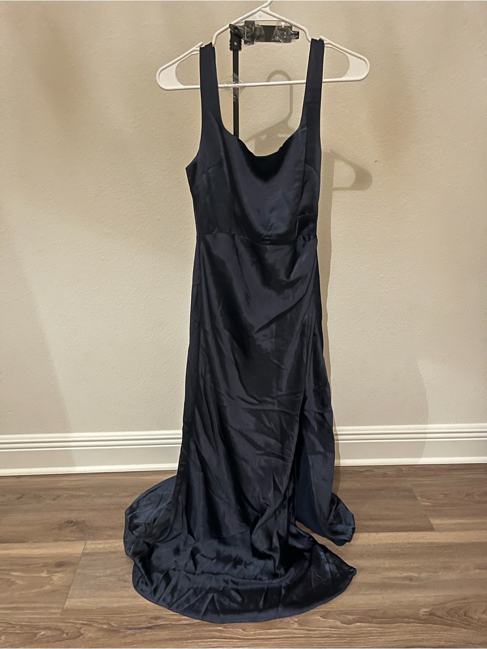 Billy J Elegant Navy Satin Maxi Dress with Scoop Neckline